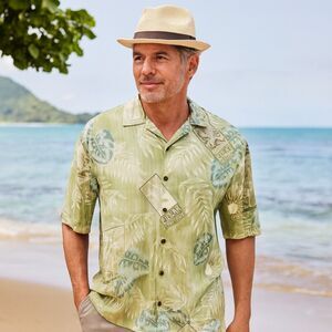 Tommy Bahama Silk Hawaiian Shirt Mens M Green Relax Island Life Tropical Beachy